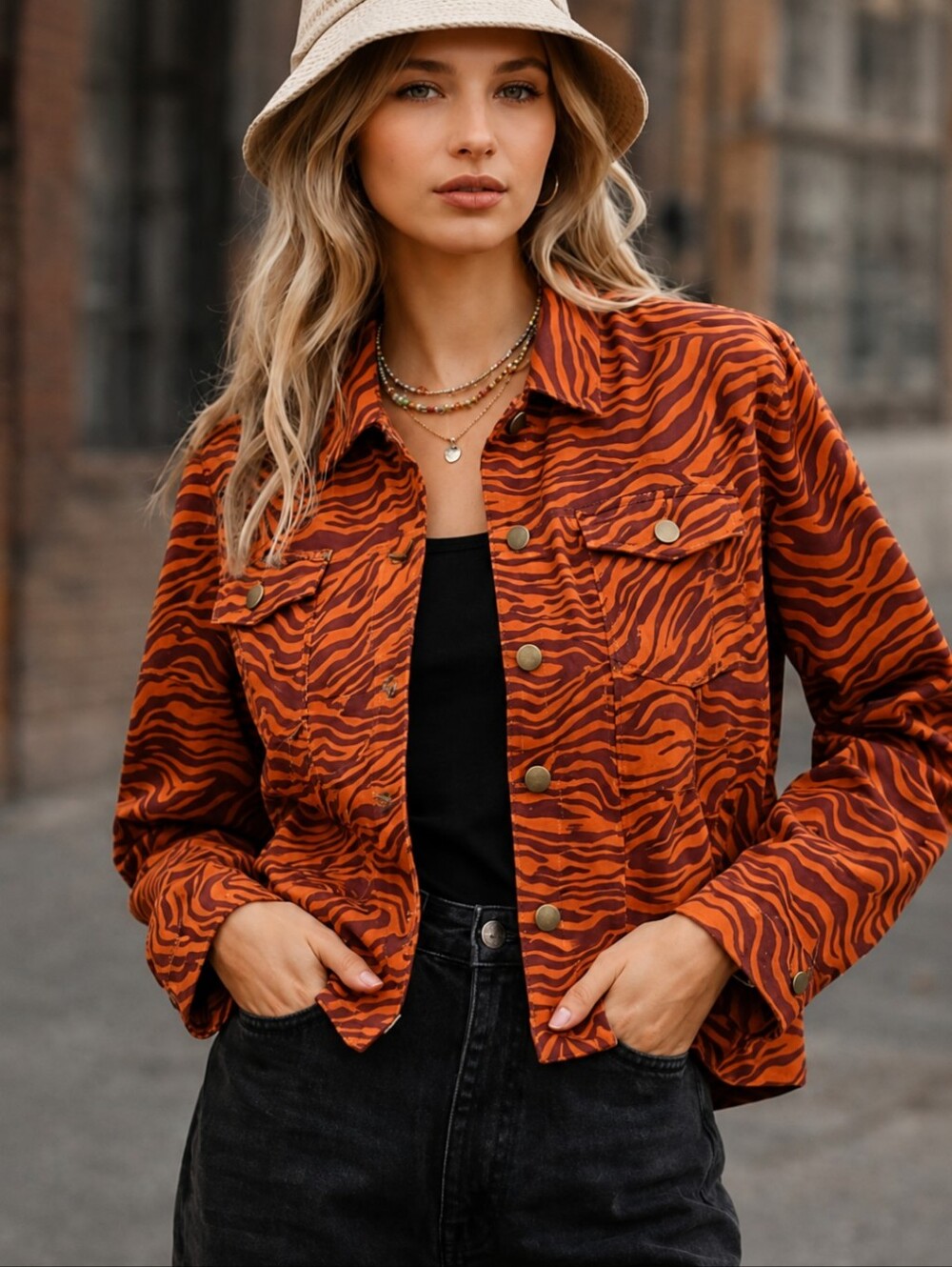Tiger print Jean Jacket whimsigoth orange Animal Print Denim jacket NWOT Sz M